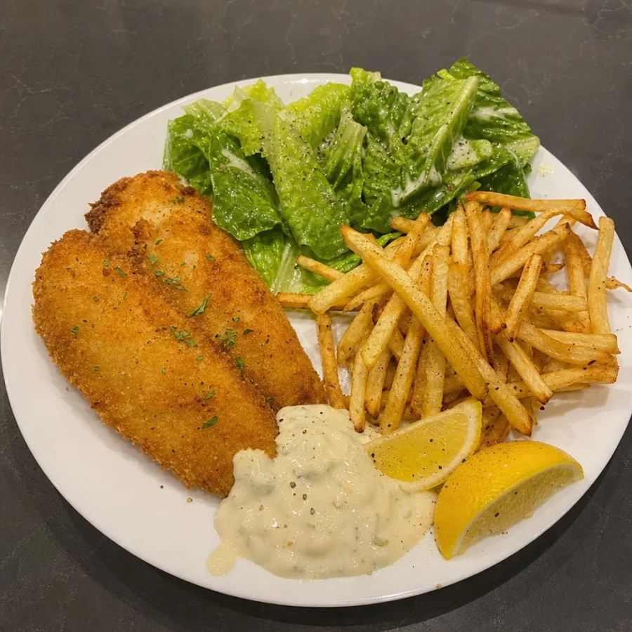 Fish and chips maison, sauce tartare et salade