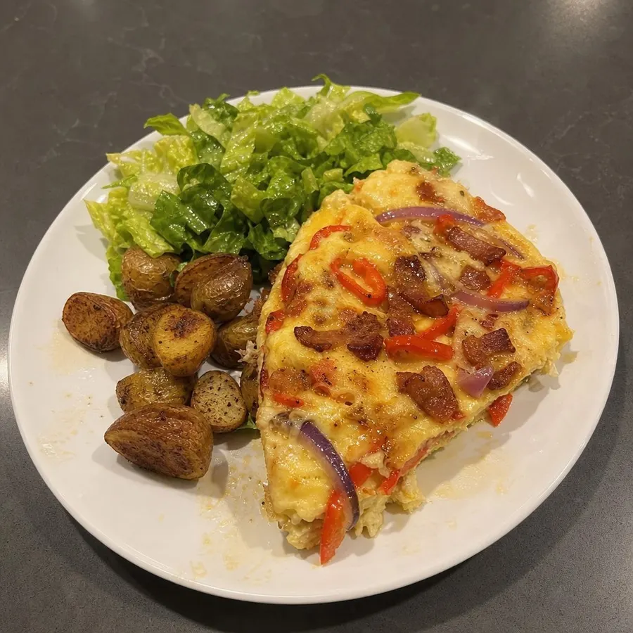 Frittata au bacon, poivrons et mozzarella, patates grelots rôties