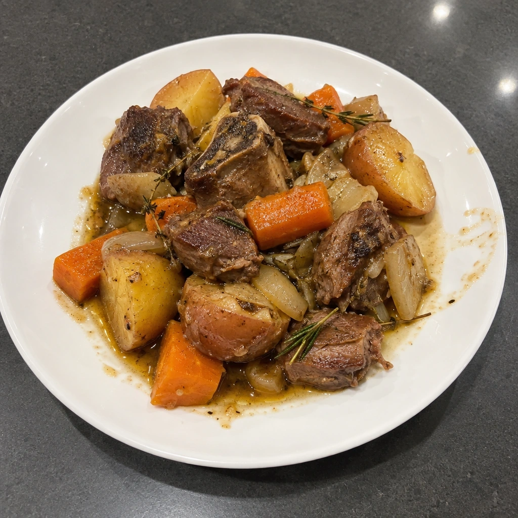 Ragoût d'agneau braisé, carottes et pommes de terre