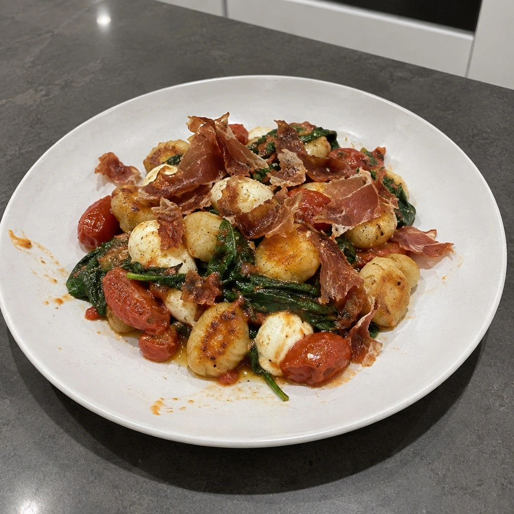 Gnocchi poêlés, prosciutto croustillant, tomates et bocconcini