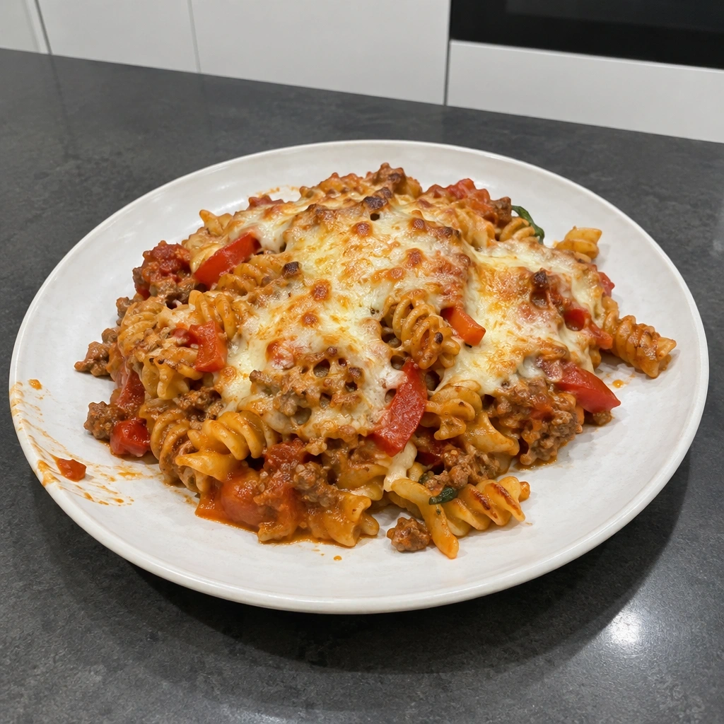 Gratin de fusilli au porc haché, poivrons et mozzarella
