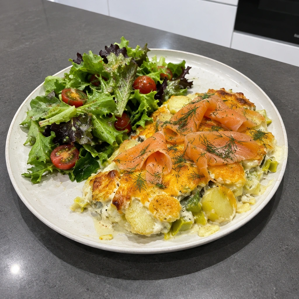 Gratin de pommes de terre et poireaux au cheddar, rubans de saumon fumé