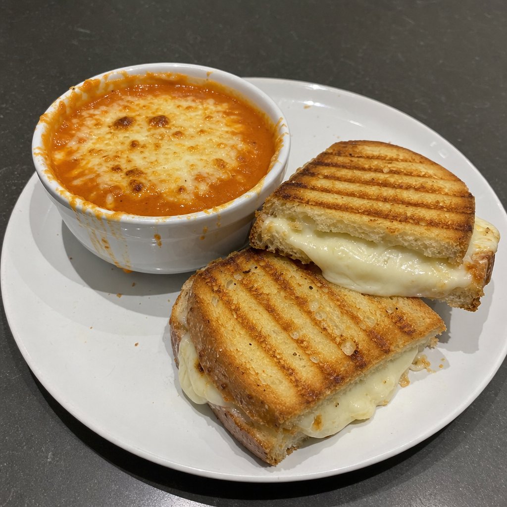 Grilled cheese gourmet et soupe aux tomates gratinée