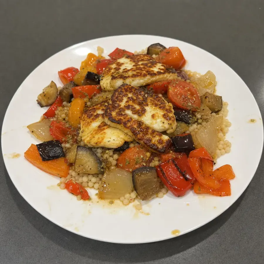 Halloumi grillé sur couscous, aubergine et poivrons rôtis