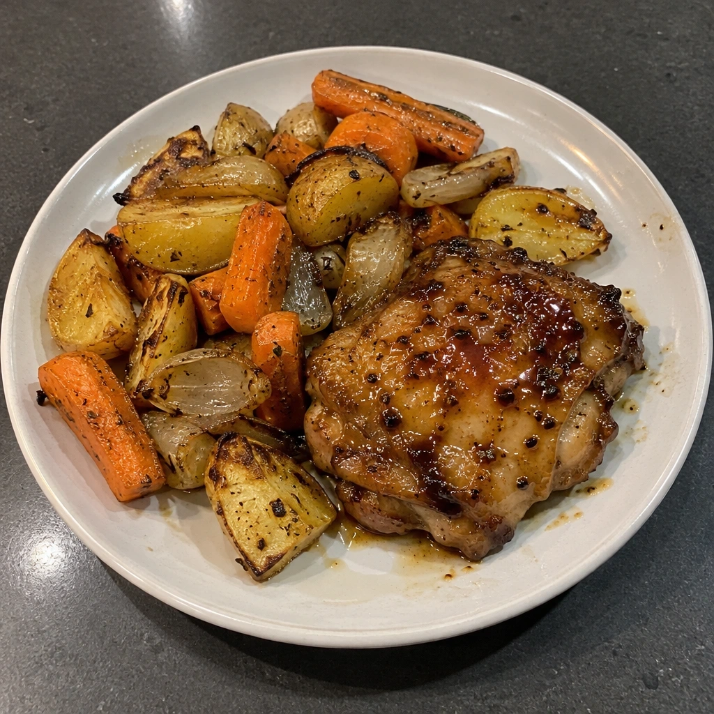 Hauts de cuisse de poulet érable-moutarde, pommes de terre et carottes rôties sur plaque