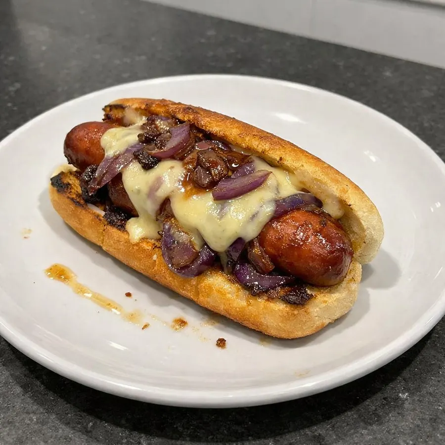 Hot-dogs gourmets aux saucisses fumées, oignons caramélisés et fromage fondu