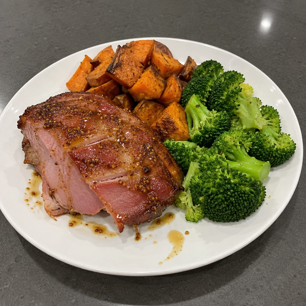 Jambon glacé à l'érable et à la moutarde, patates douces rôties et brocoli