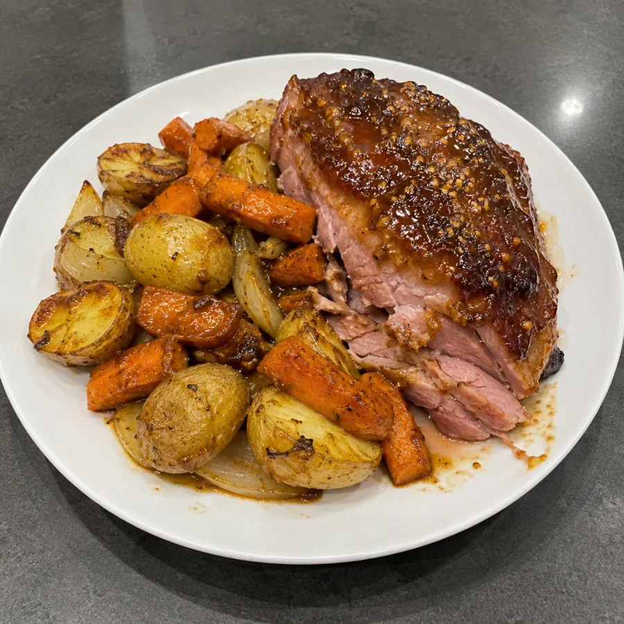 Jambon picnic fumé glacé à l'érable, pommes de terre et carottes rôties