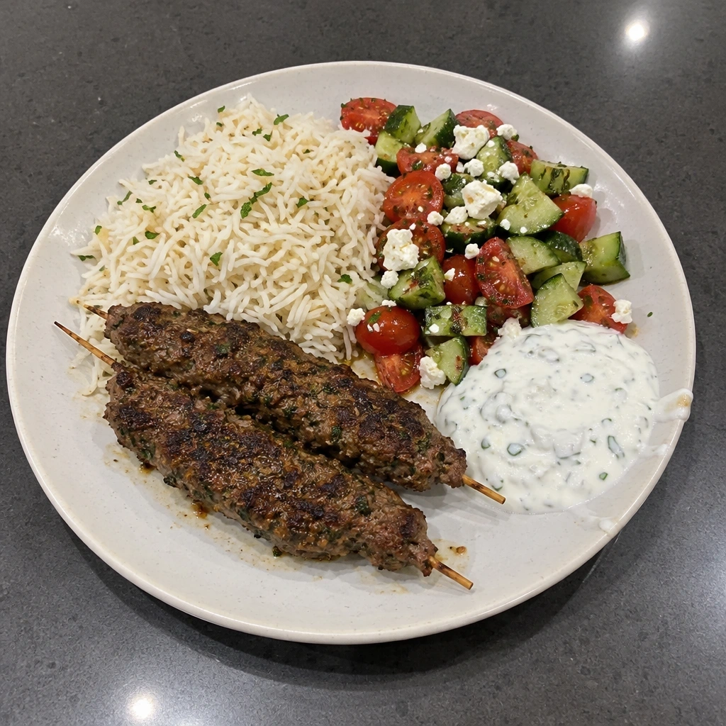 Brochettes de kefta de bœuf aux épices, riz basmati, salade concombres-tomates-feta et sauce au yogourt