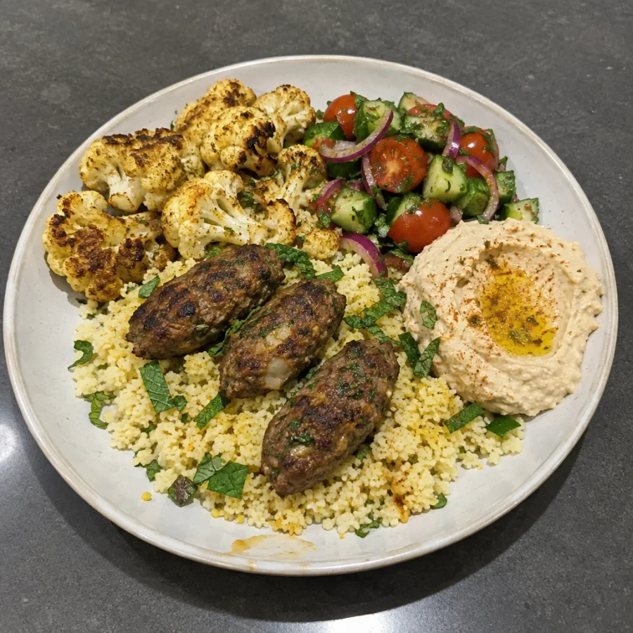 Keftas de porc et bœuf au four, couscous, chou-fleur rôti au cumin et hummus