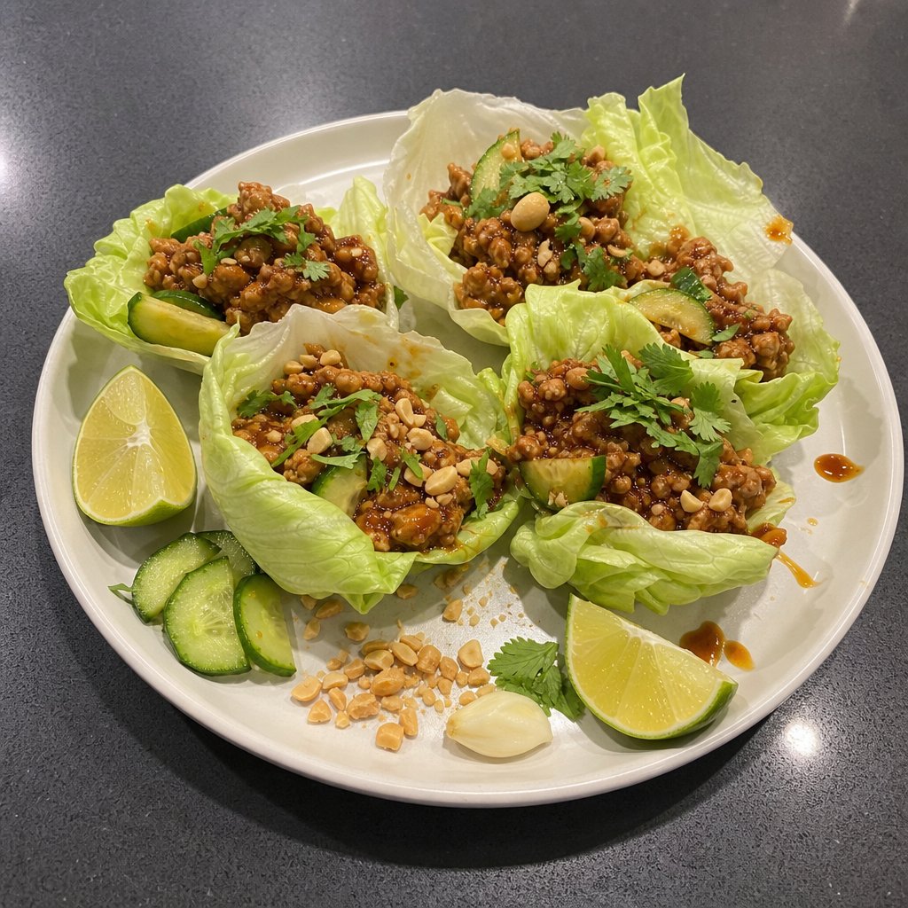 Lettuce wraps au poulet haché chinois (san choy bow), sauce hoisin-sriracha