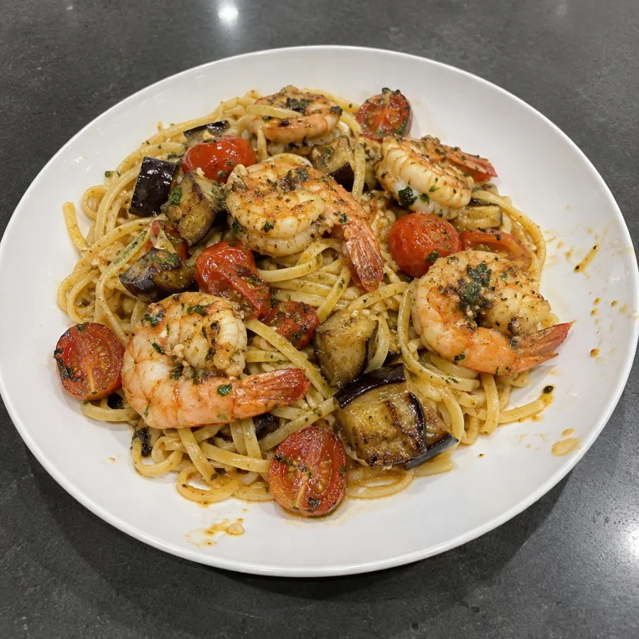 Linguine aux crevettes, ail et aubergine grillée
