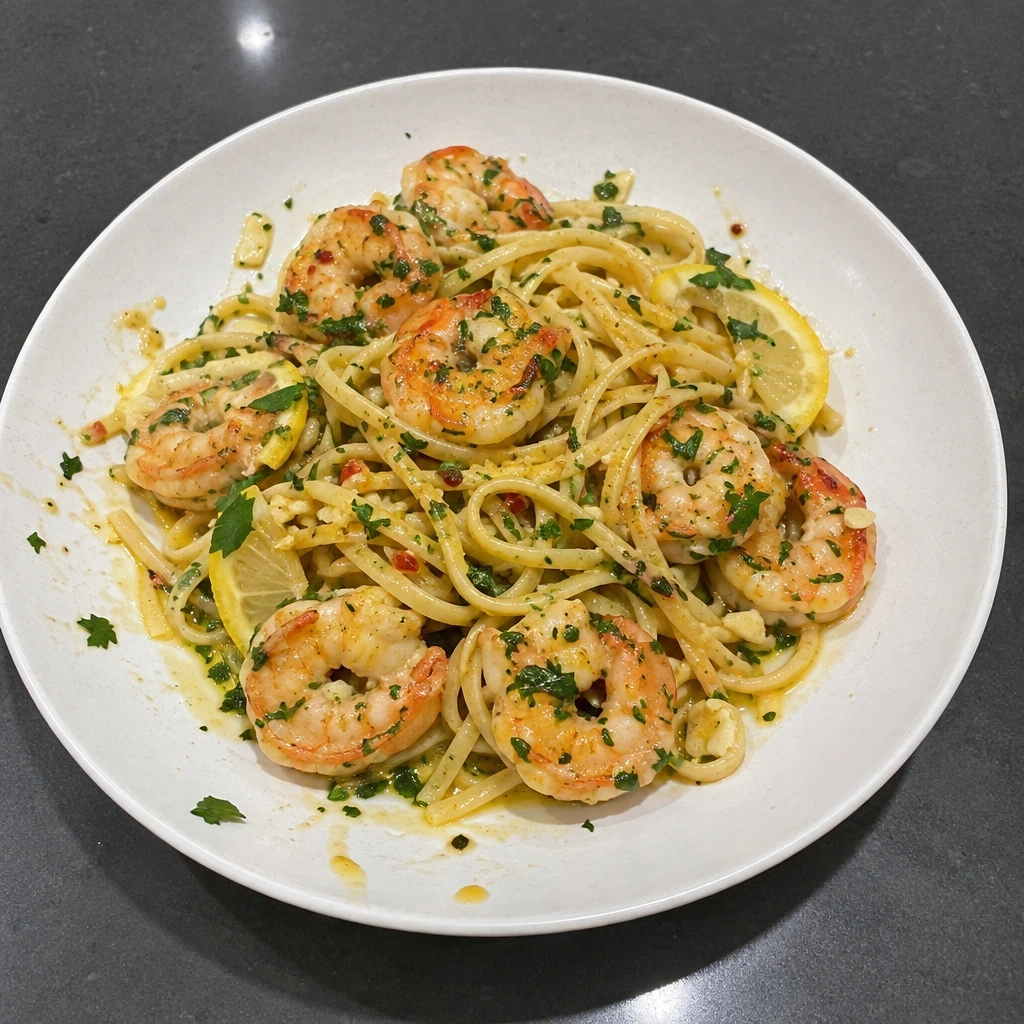 Linguine aux crevettes, ail et citron