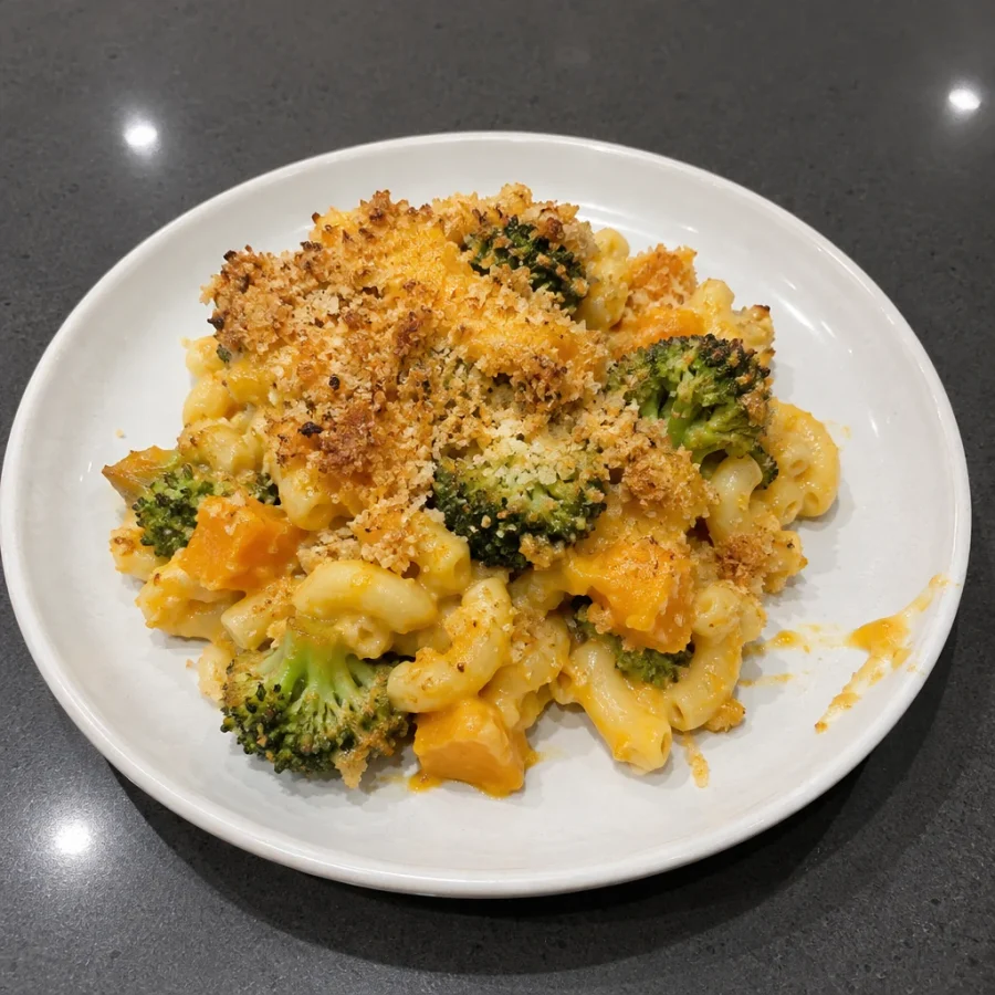 Macaroni au fromage à la courge musquée et brocoli, gratiné