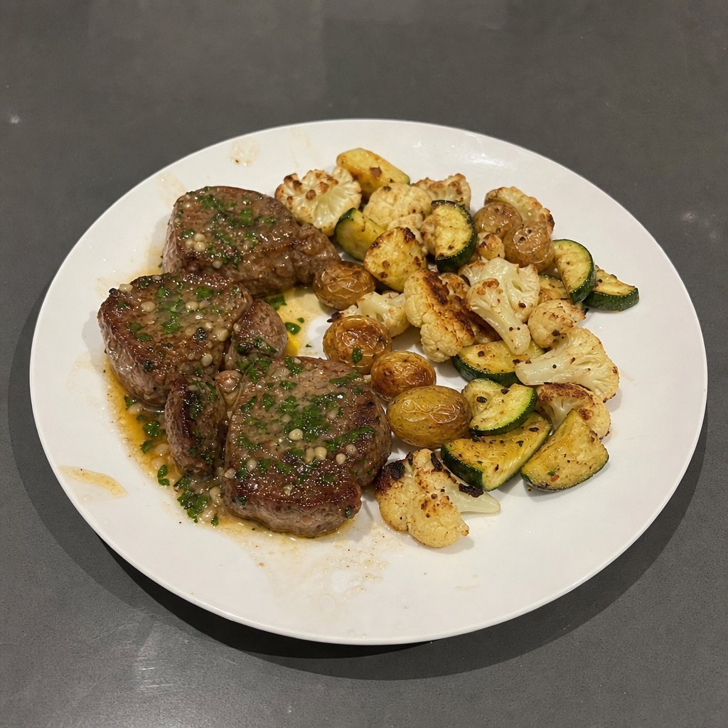 Médaillons de filet mignon, beurre à l'ail et légumes rôtis