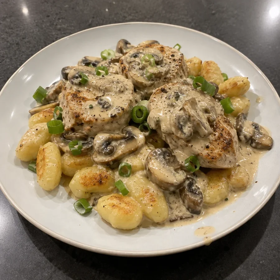 Médaillons de porc, sauce crémeuse aux champignons et gnocchi poêlés