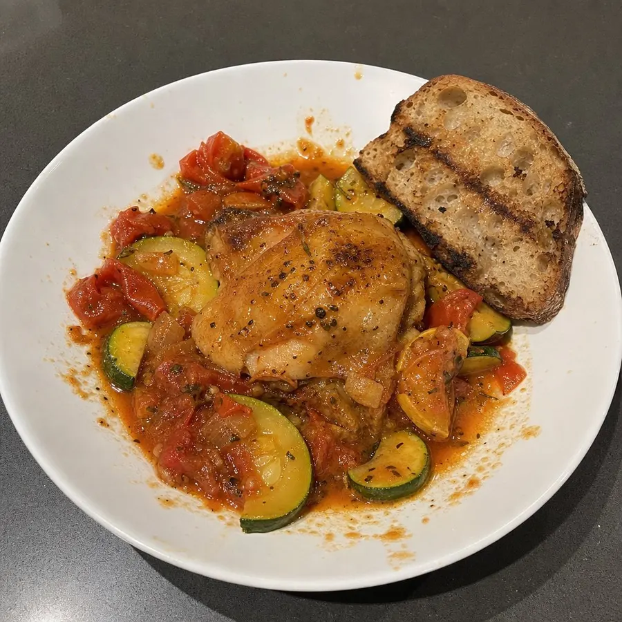 Mijoté de poulet aux tomates fraîches et courgettes, pain de bistro grillé