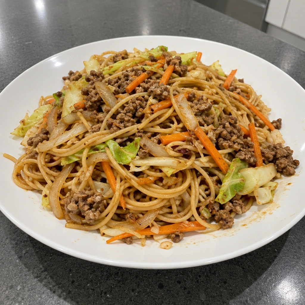 Nouilles sautées au bœuf haché, chou et carottes, sauce soya-gingembre