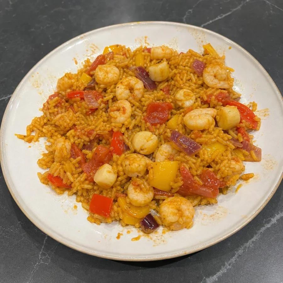 Paella express aux crevettes et pétoncles