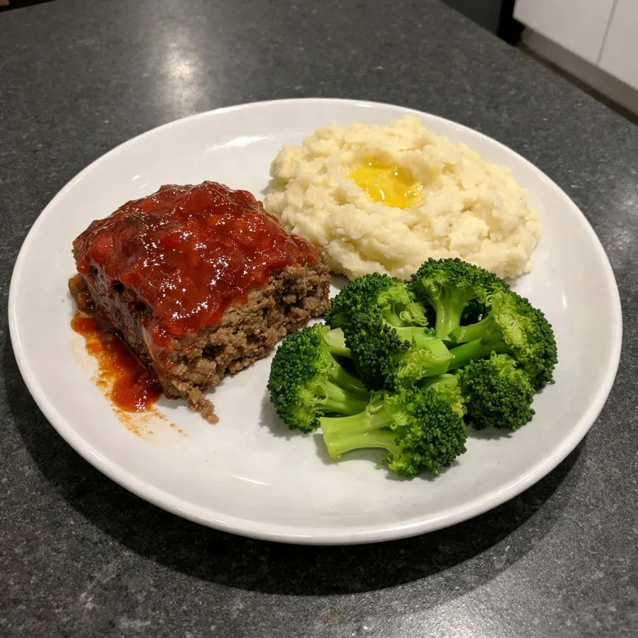 Pain de viande glacé au ketchup, purée de Russet au beurre et brocoli vapeur
