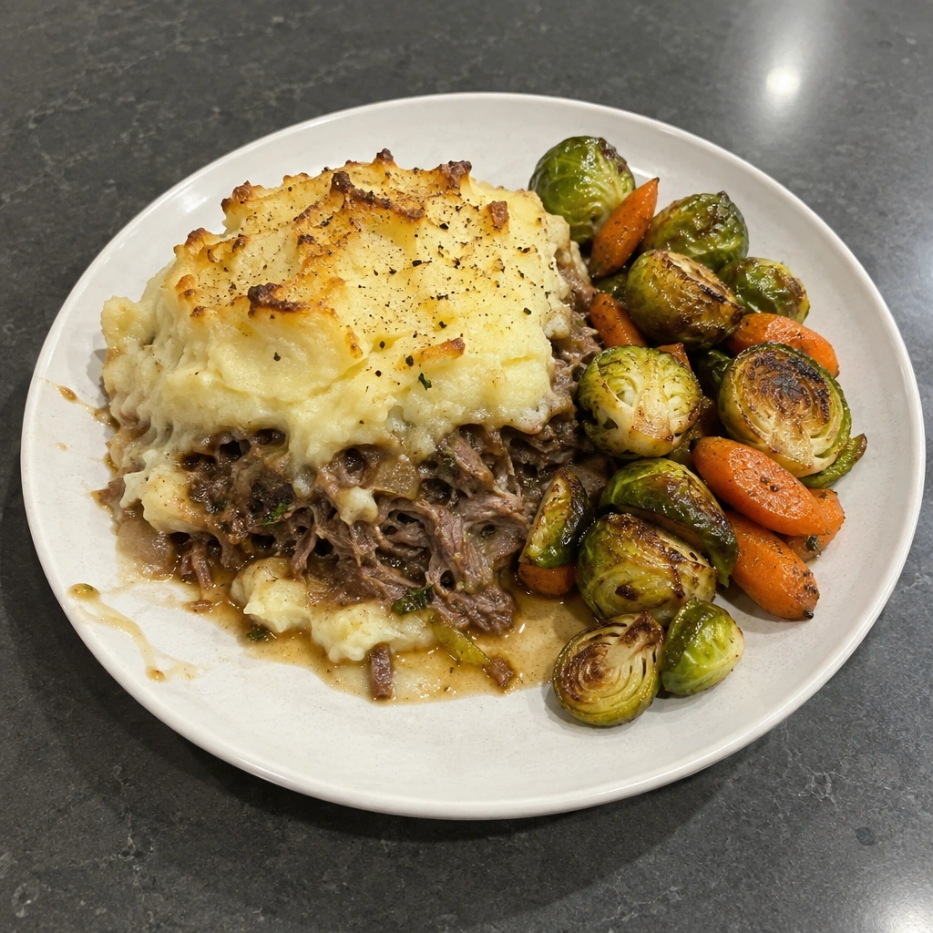 Parmentier de canard confit, purée à la crème et choux de Bruxelles rôtis
