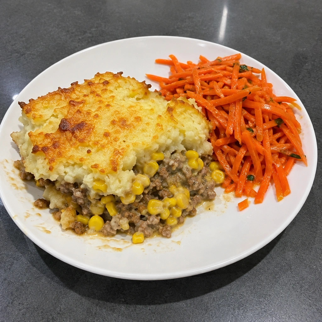 Pâté chinois au porc haché et deux maïs, salade de carottes