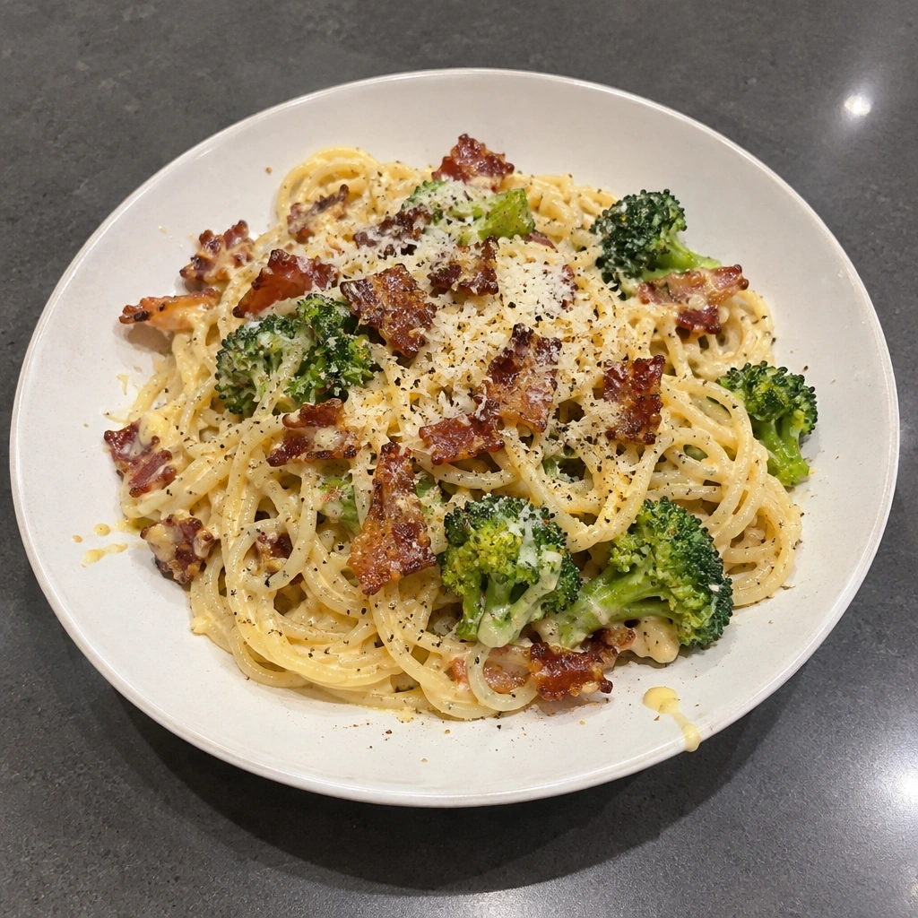 Pâtes carbonara au bacon croustillant et brocoli