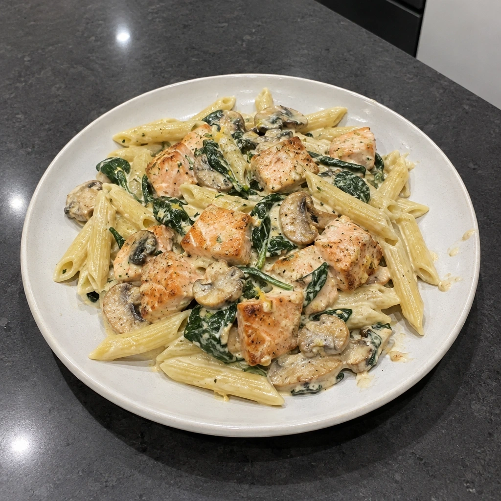Penne crémeuses au saumon, épinards et champignons