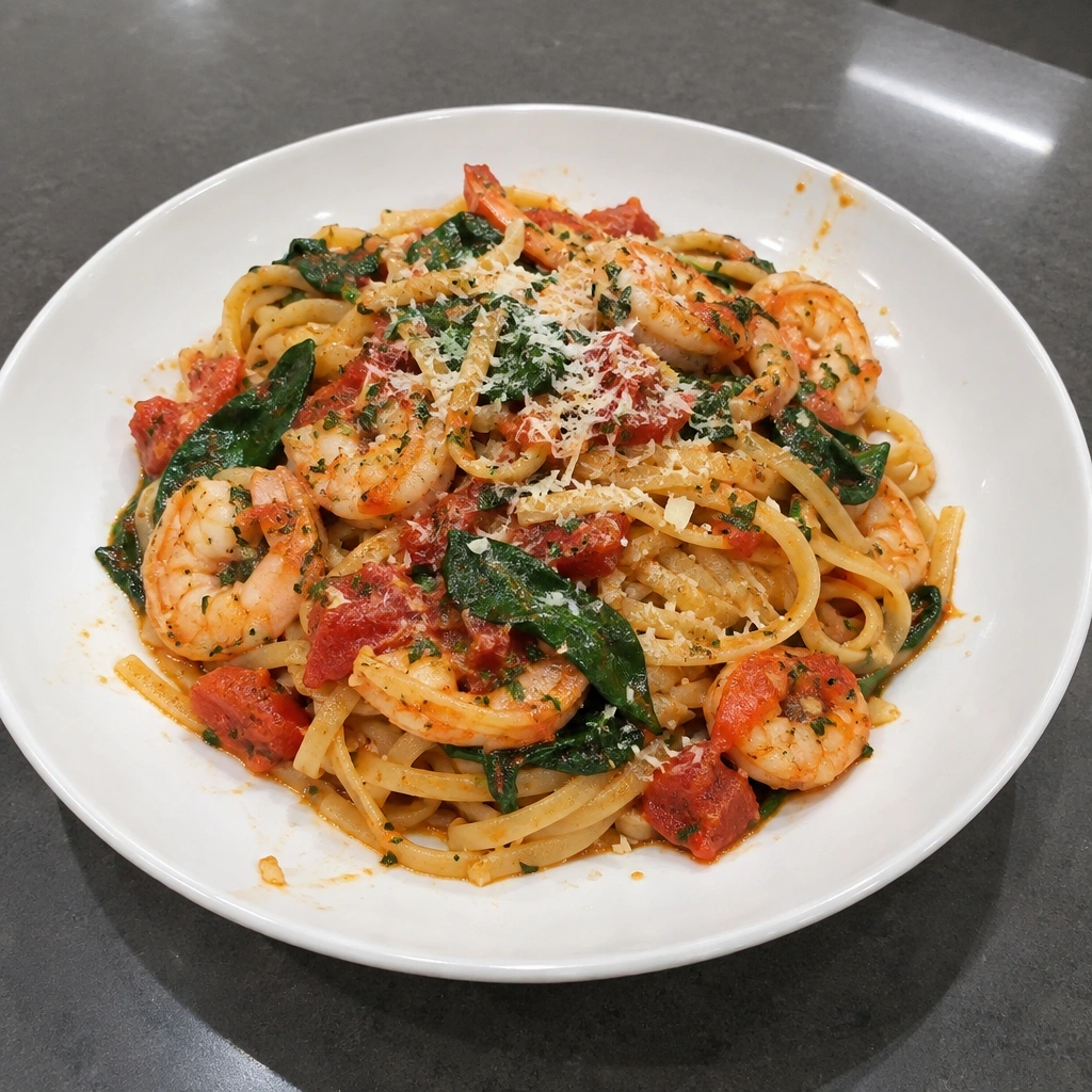 Pâtes aux crevettes, ail et tomates aux fines herbes