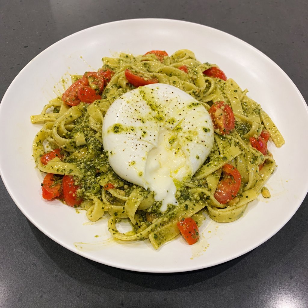 Pâtes fraîches au pesto, tomates et burrata