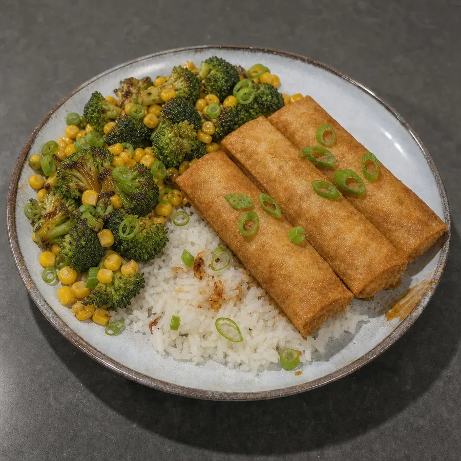 Pâtés impériaux au poulet, riz basmati et sauté de brocoli