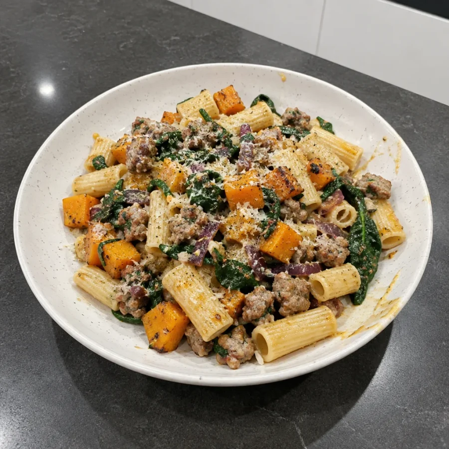 Pâtes aux saucisses, courge butternut rôtie et épinards