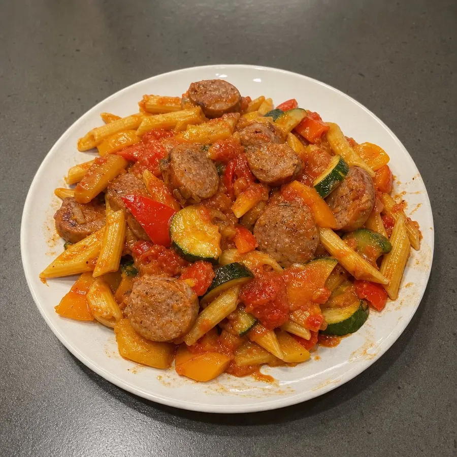 Pâtes estivales aux saucisses, sauce aux tomates de serre, poivrons et courgettes