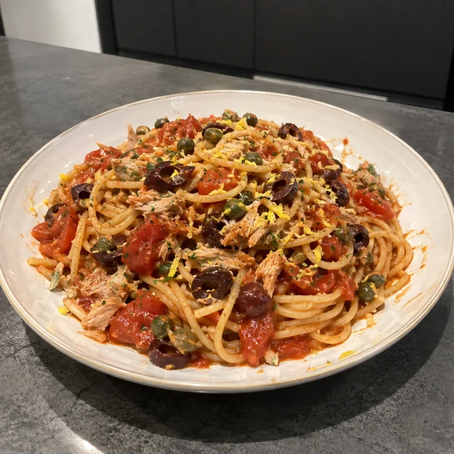 Pâtes au thon à la puttanesca, tomates fraîches et citron