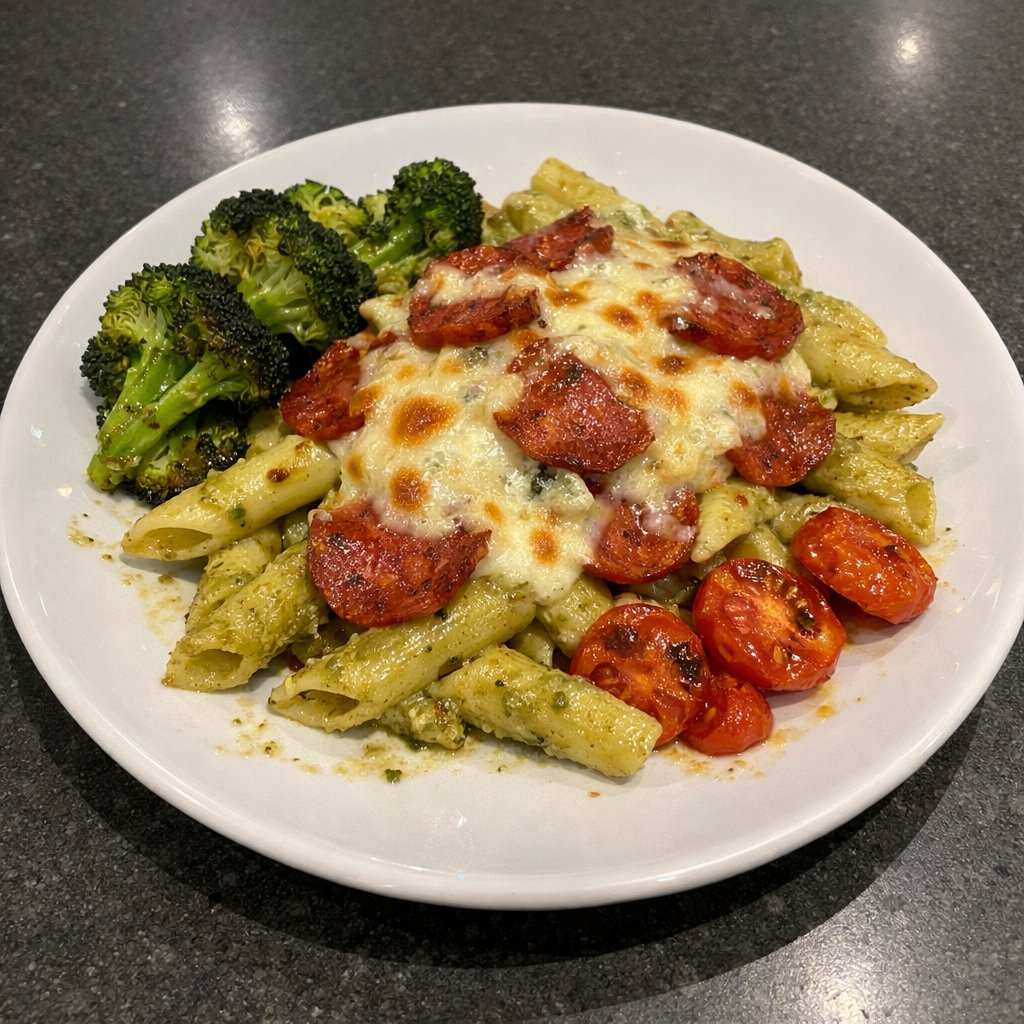 Penne crémeux au pesto, pepperoni Roma et mozzarellissima gratinée