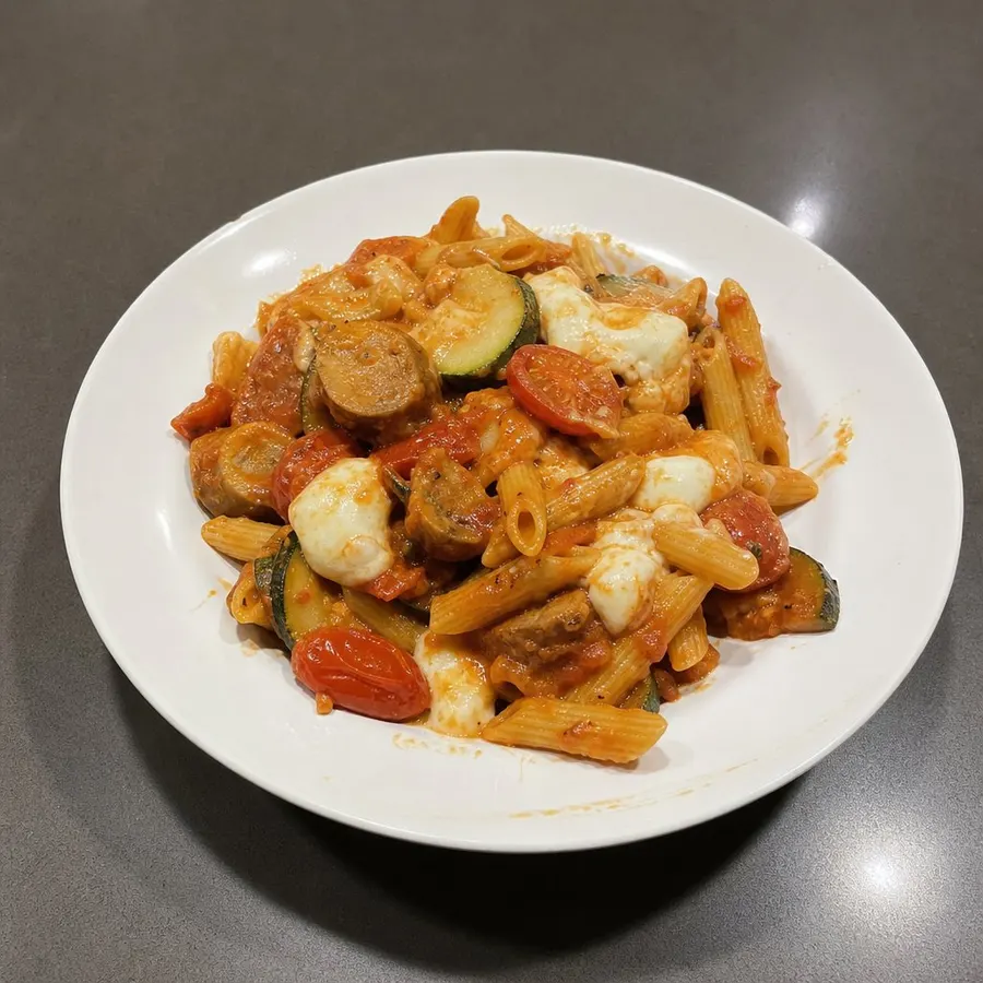 Penne à la saucisse italienne (végé) Gusta, courgette et bocconcini fondant