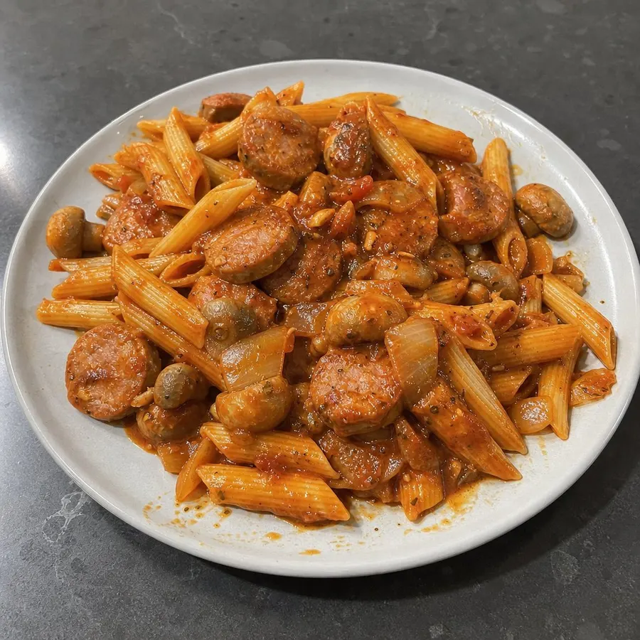 Penne aux saucisses de porc, champignons et sauce tomate-basilic