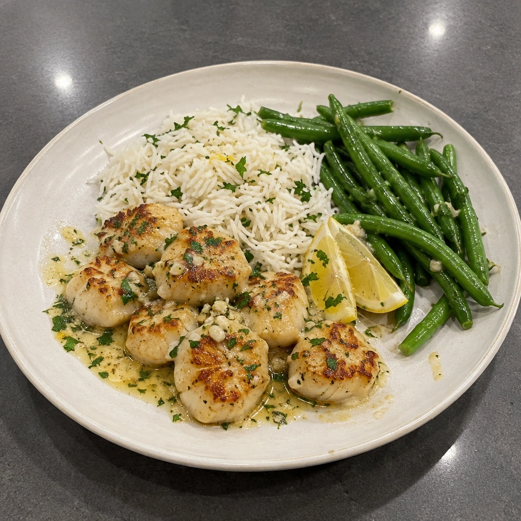 Pétoncles poêlés au beurre citronné, riz basmati et haricots verts