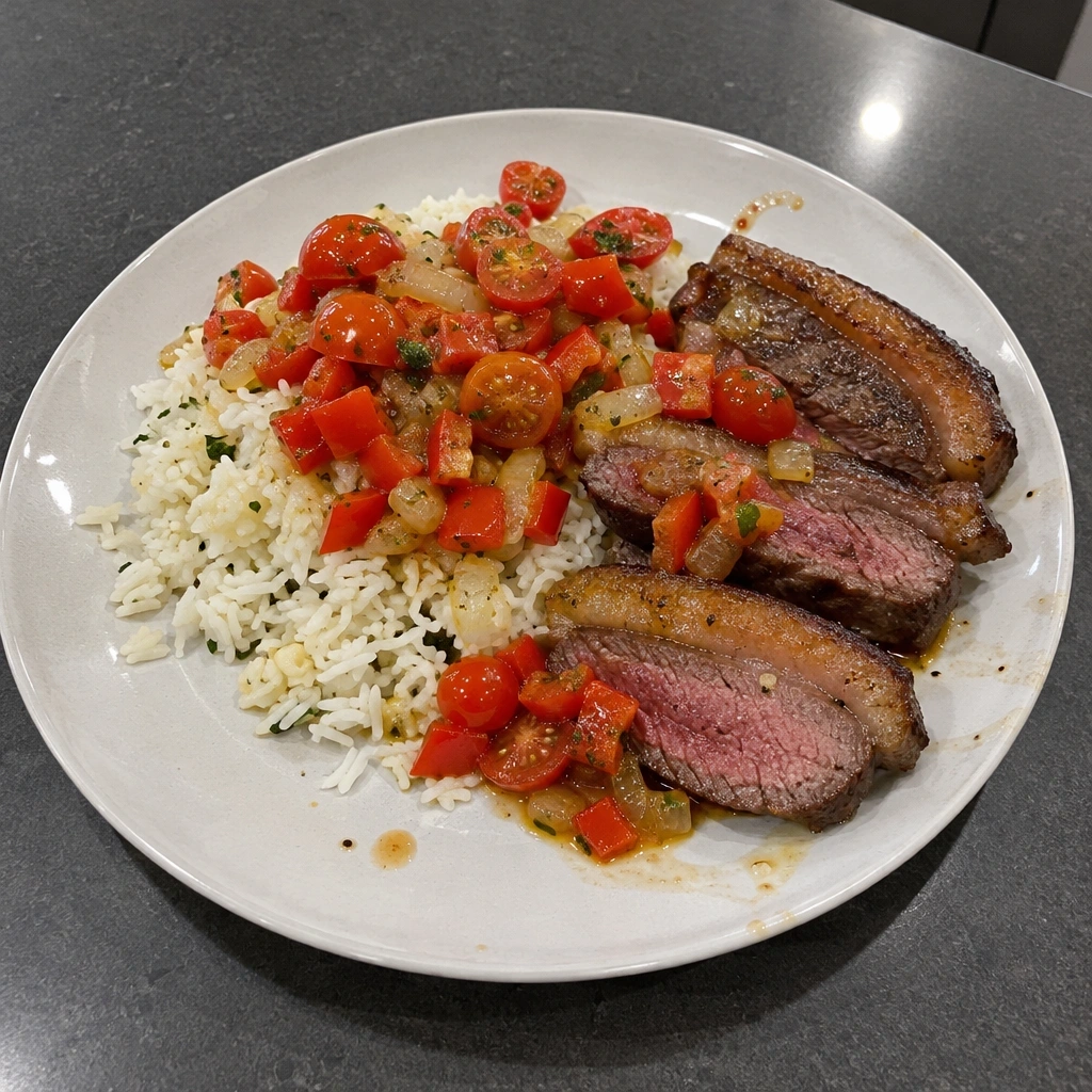 Picanha saisie, riz à l'ail et vinaigrette de tomates et poivrons