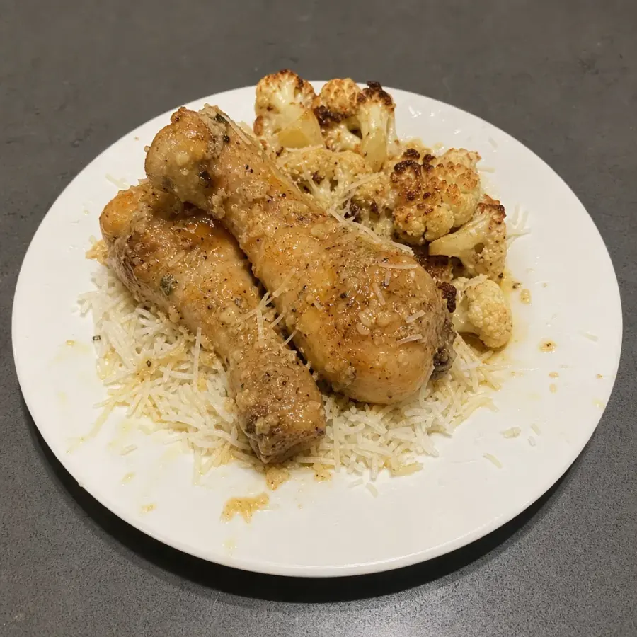 Pilons de poulet à l'ail et parmesan, riz basmati et chou-fleur rôti