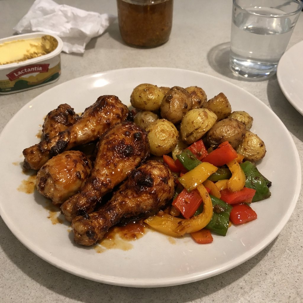 Pilons de poulet glacés miel-ail, pommes de terre rôties et poivrons