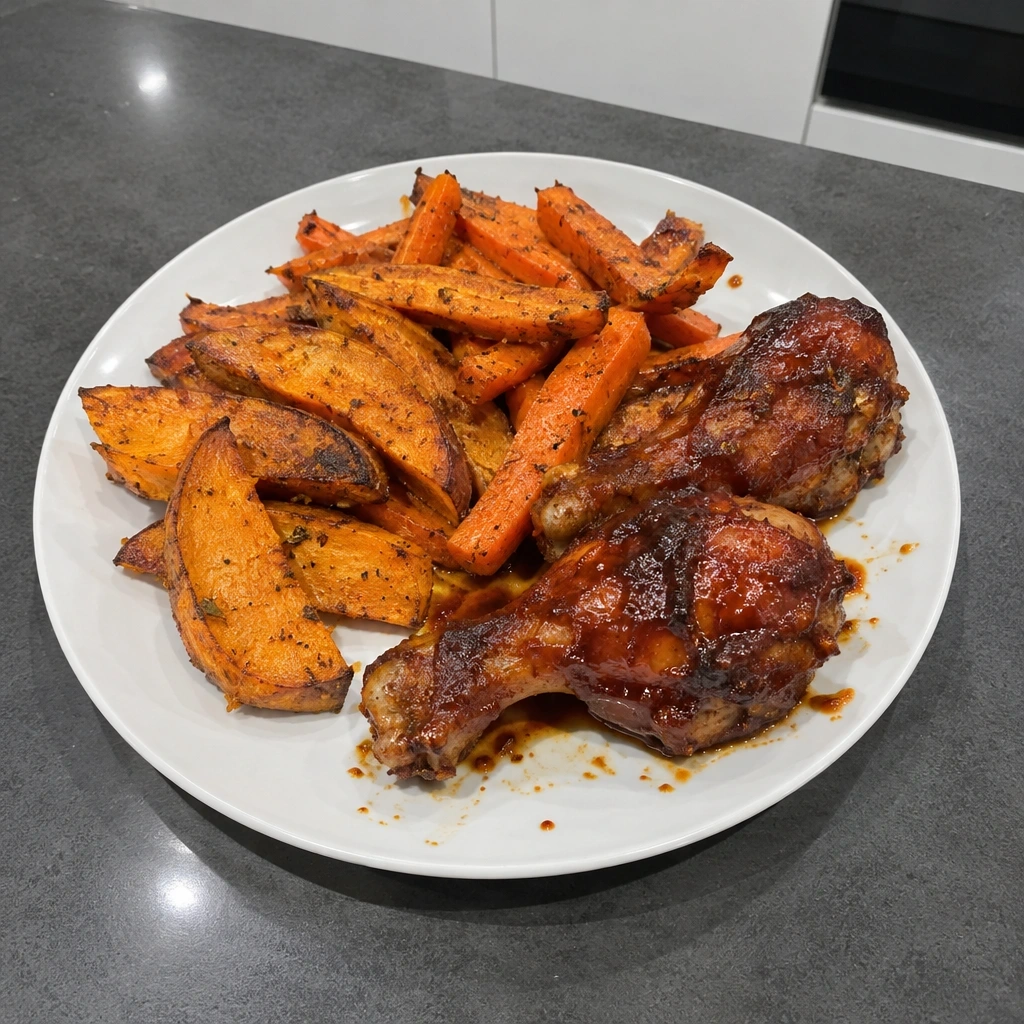 Pilons de poulet barbecue, quartiers de patates douces et carottes rôties