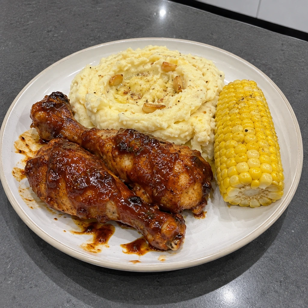 Pilons de poulet laqués BBQ-érable, purée à l'ail rôti et maïs