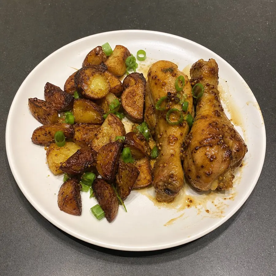 Pilons de poulet braisés moutarde-miel et pommes de terre rôties