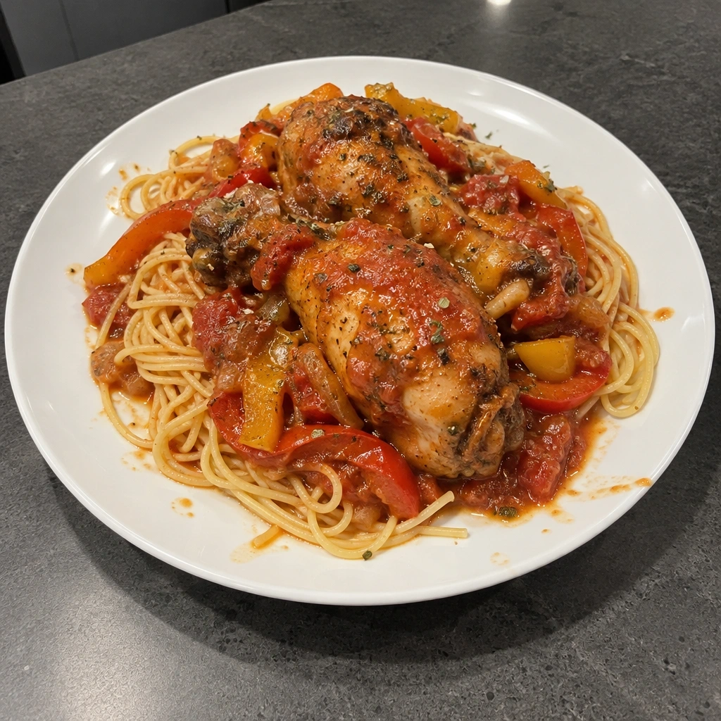 Pilons de poulet cacciatore aux poivrons et tomates, spaghettini