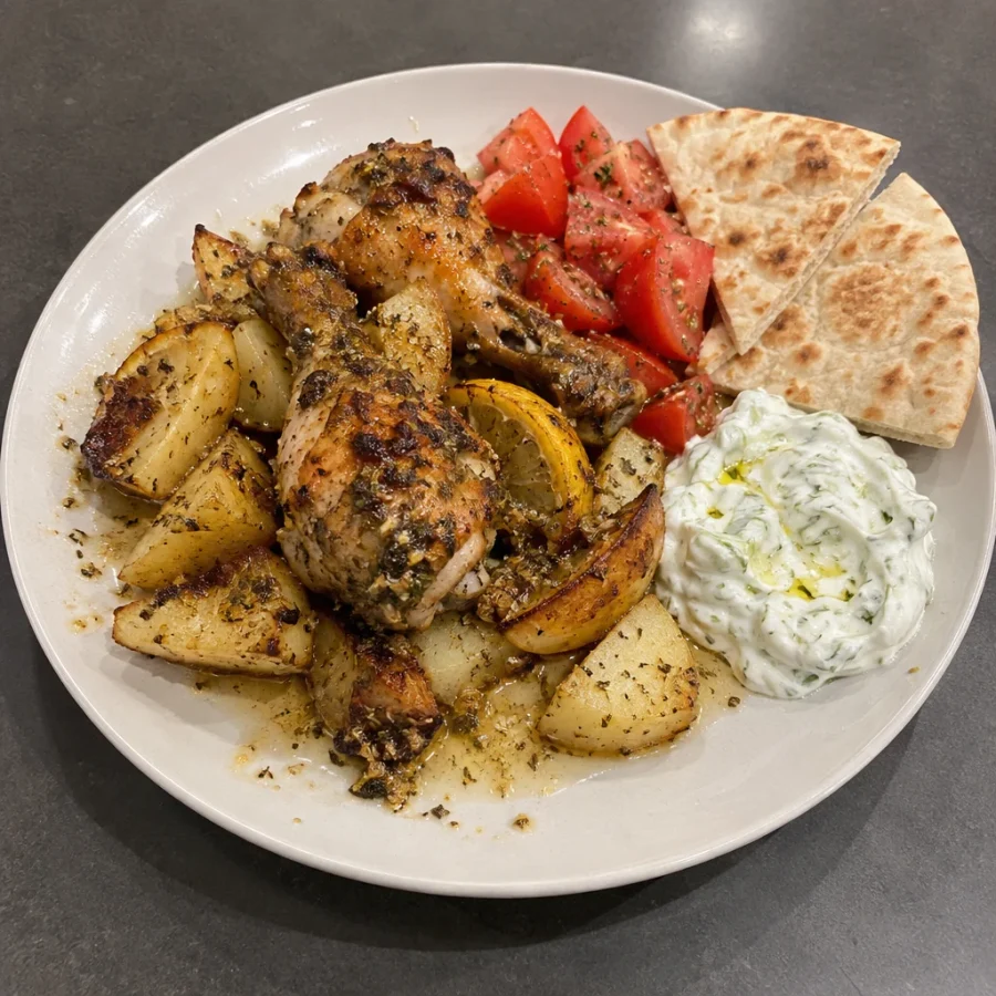 Pilons de poulet à la grecque au citron, pommes de terre rôties et pitas