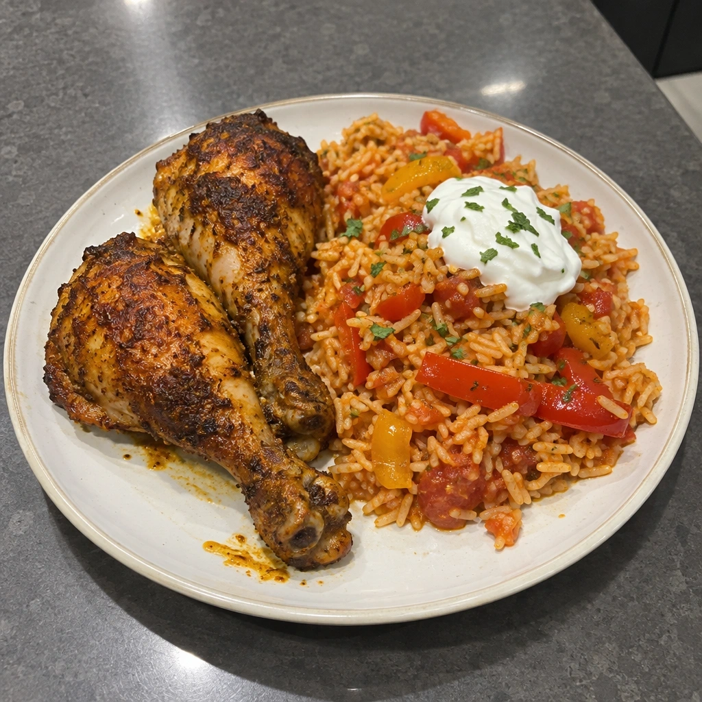 Pilons de poulet à la mexicaine, riz aux poivrons et crème sure