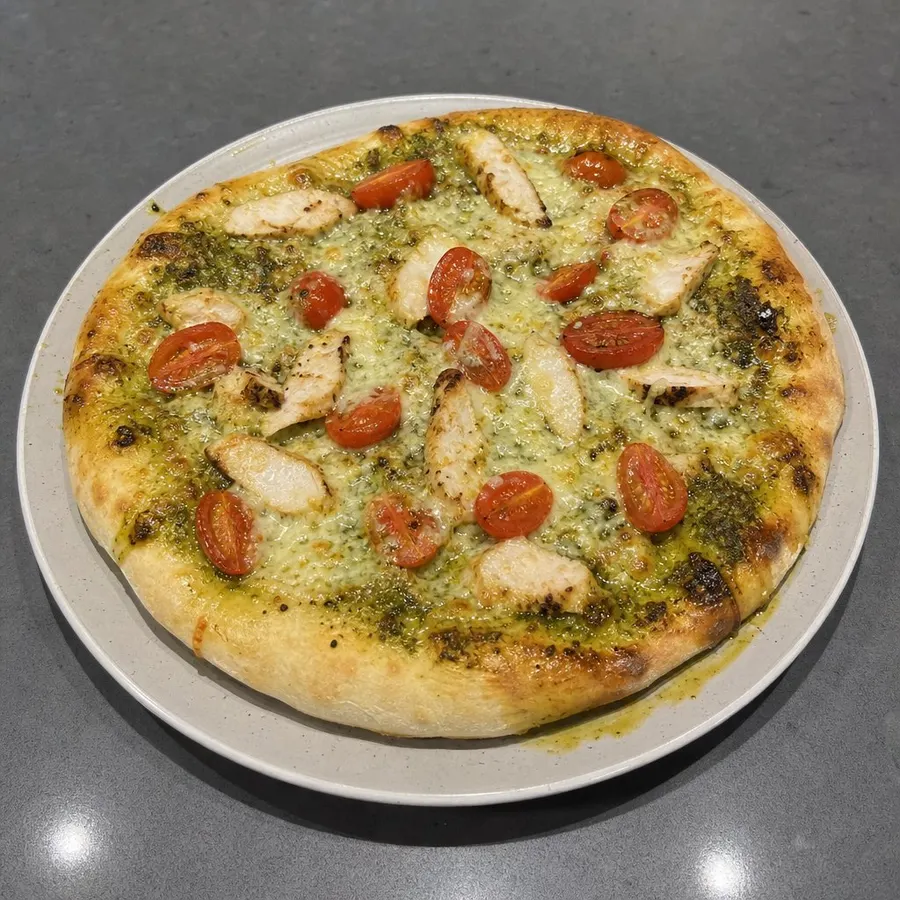 Pizza maison au pesto, poulet et tomates Cerizo