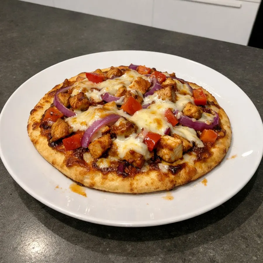 Pizzas naan au poulet BBQ, oignons rouges et mozzarella