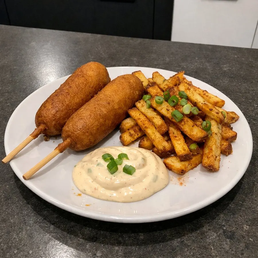 Pogos à l'air fryer avec frites maison épicées et trempette Miracle Whip